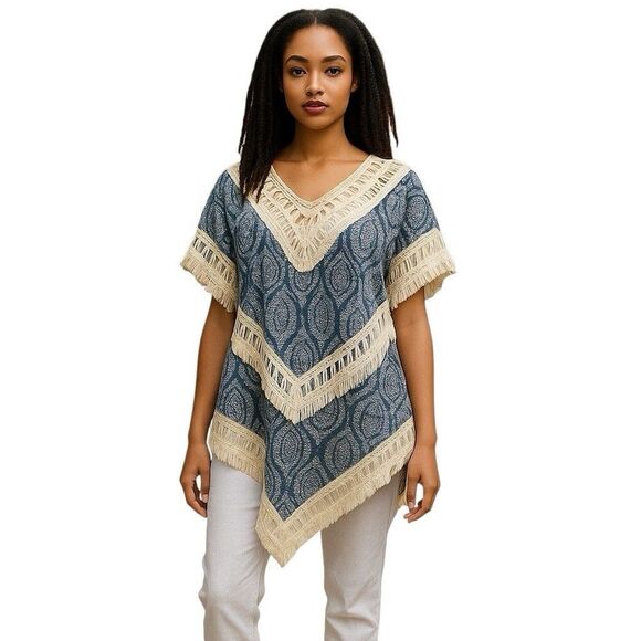 Jodifl Womens Size Small Blue White Crochet Inset Boho Top Blouse - Picture 1 of 5